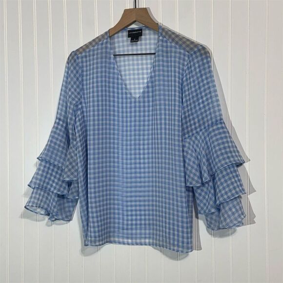 Liz Claiborne Blue Gingham Ruffle Sleeve Semi Sheer Blouse M V-Neck Semi Sheer - Picture 1 of 8
